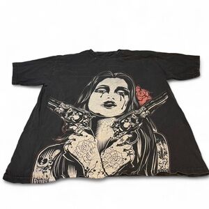 Kill it clothing lady with a gun Black Graphic Tattoo-Inspired Guns & Rose Tee